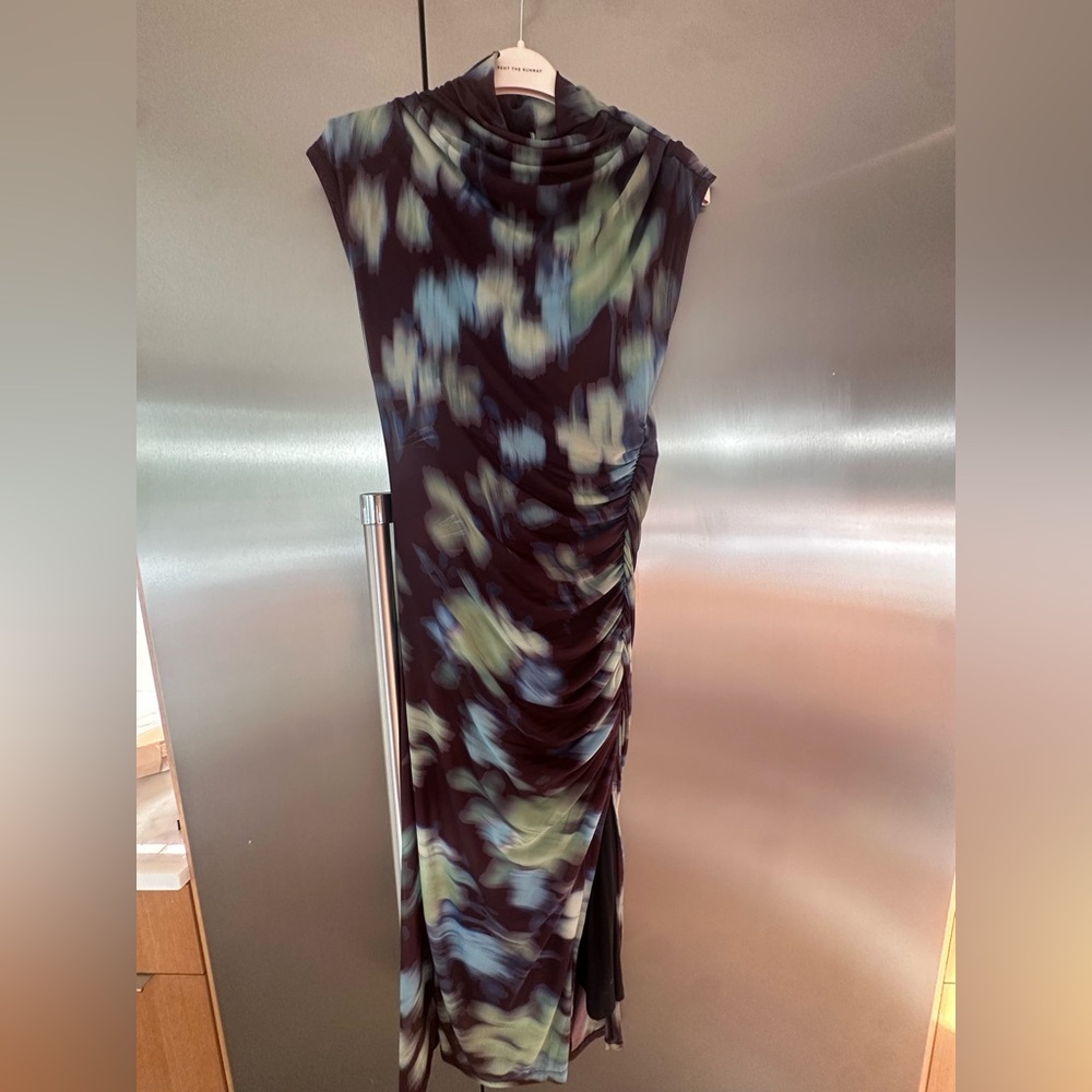 Anthropologie Maya Rouched cowl neck midi cocktail dress brown blue green MED